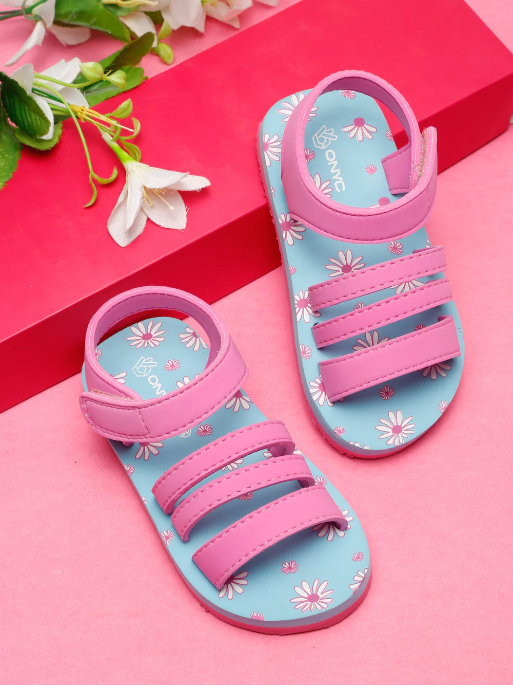 Premium Floral Sandals - Sky Blue & Pink (Girls)