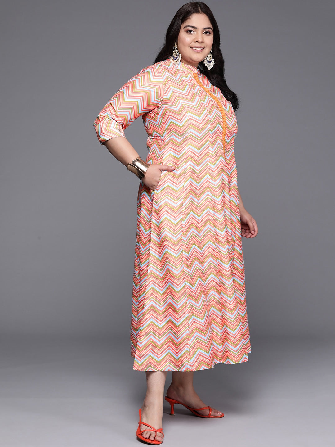 Plus Size Chevron Printed Mandarin Collar Midi Ethnic Dress