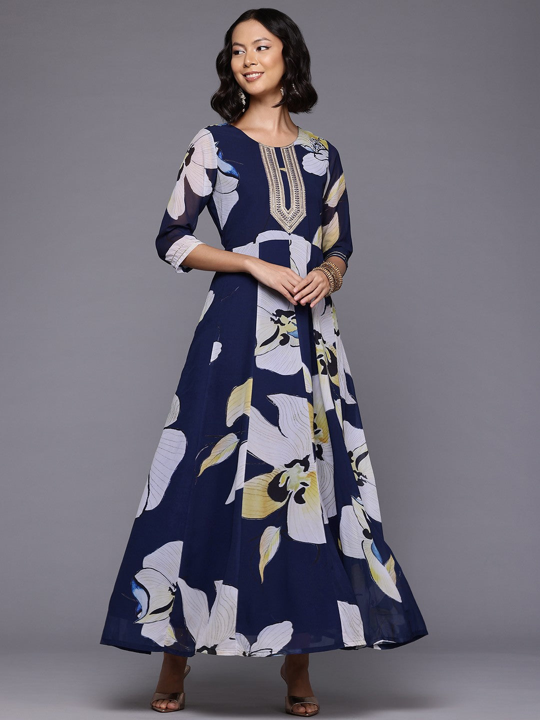 Floral Printed Sequinned Ethnic Gown