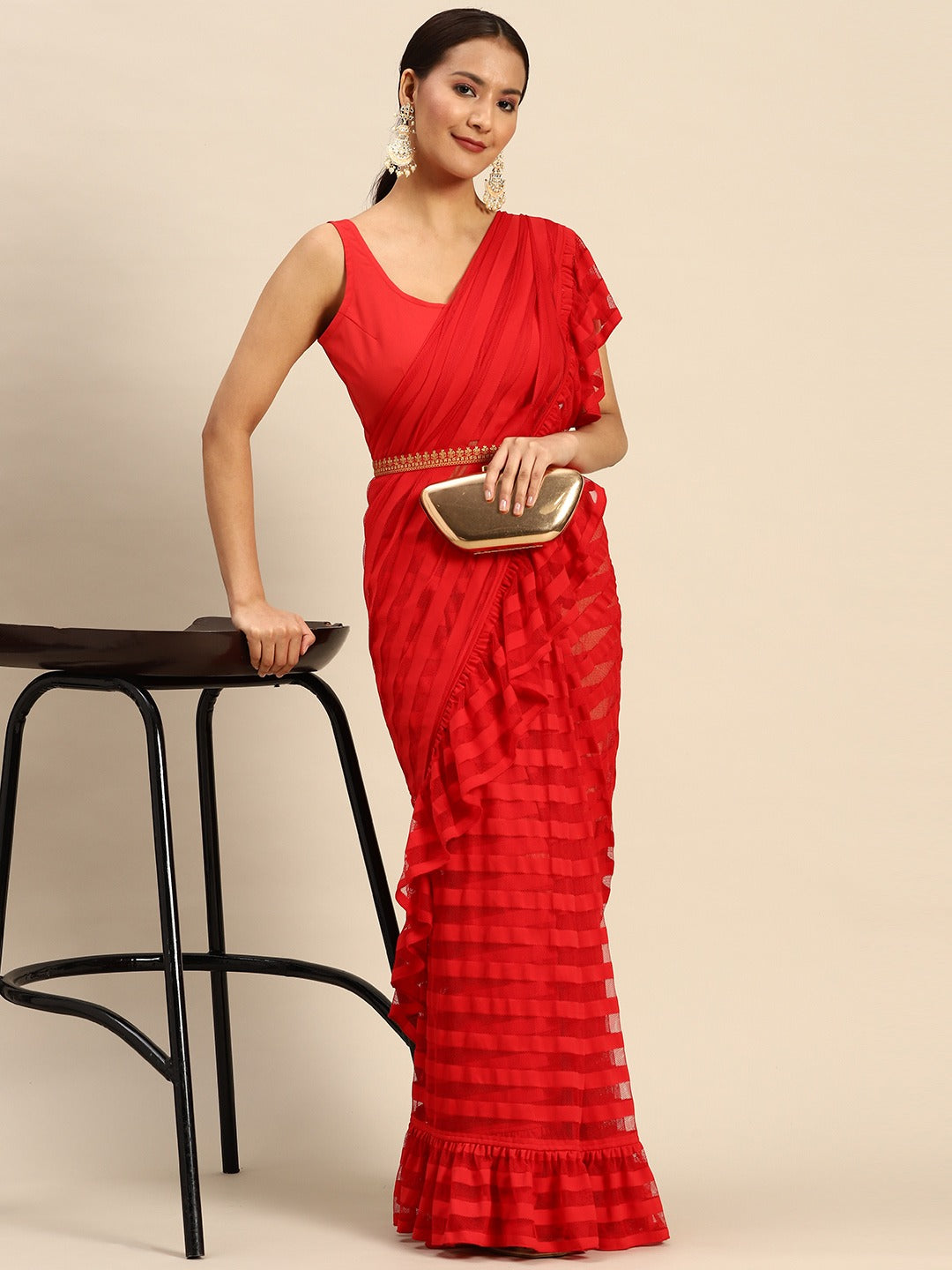 Red Striped Net Ready To Wear Saree