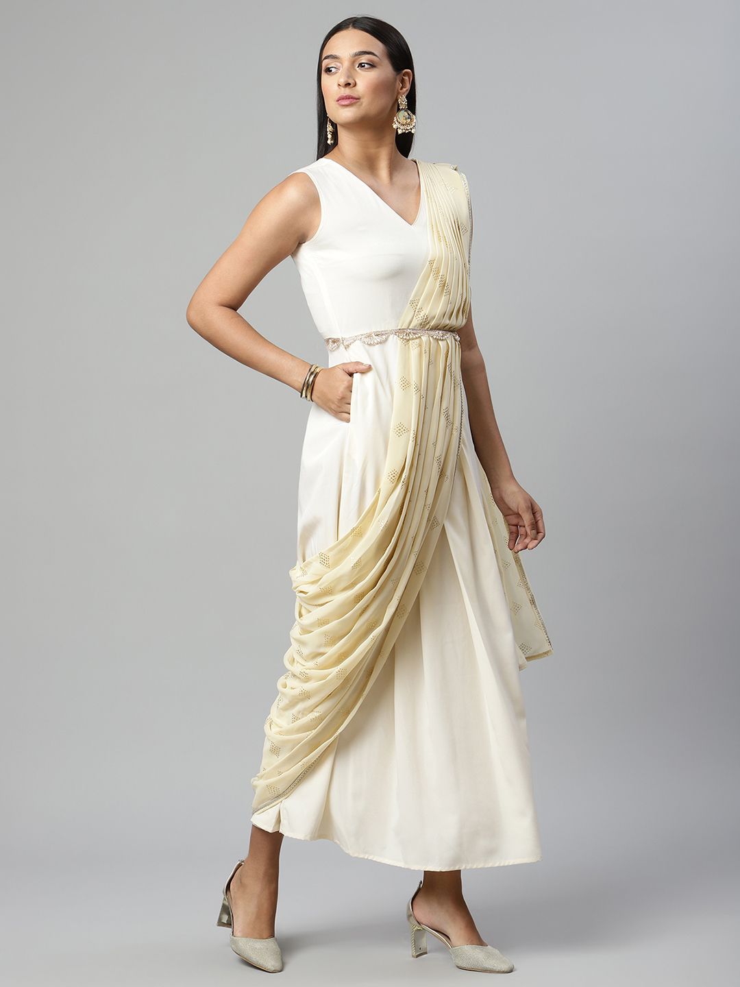 Off White Georgette Saree Dress With Printed Pallu