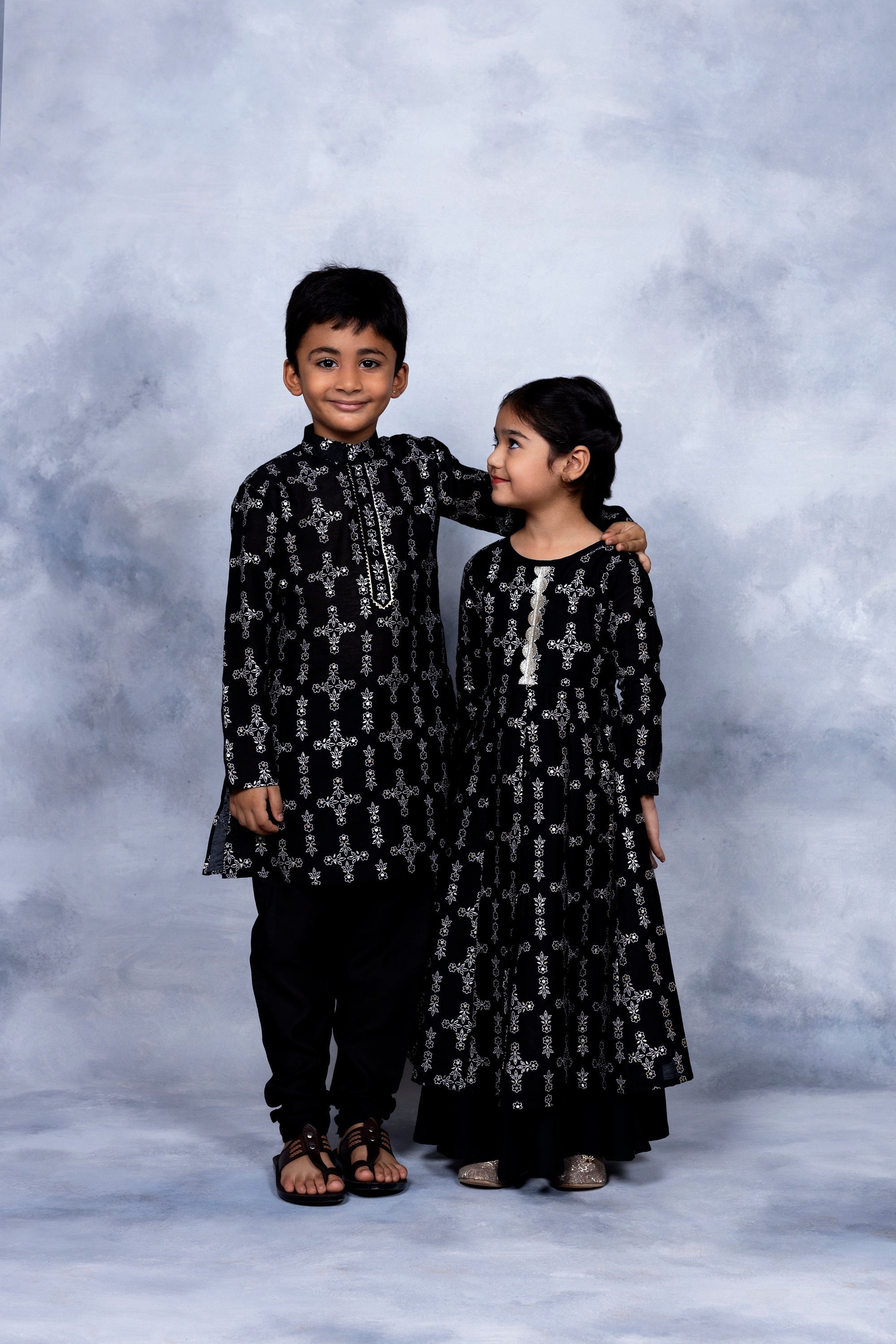 Black Chanderi Gold Foil Printed Girls Dress