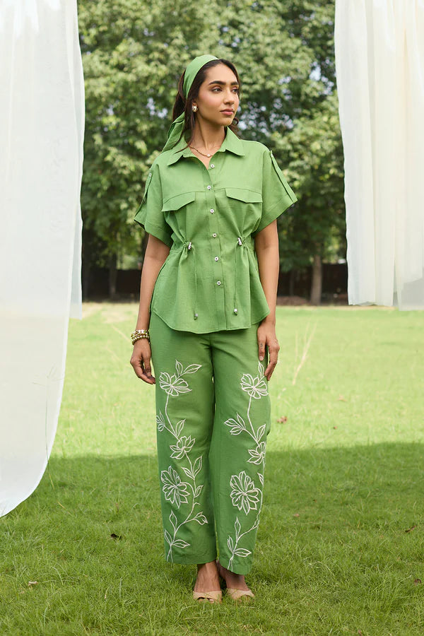 Green Floral Embroidered Linen Set- II