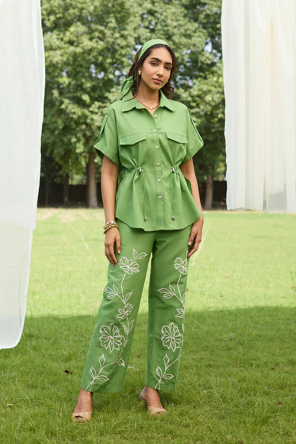 Green Floral Embroidered Linen Set- II