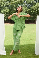 Green Floral Embroidered Linen Set- II