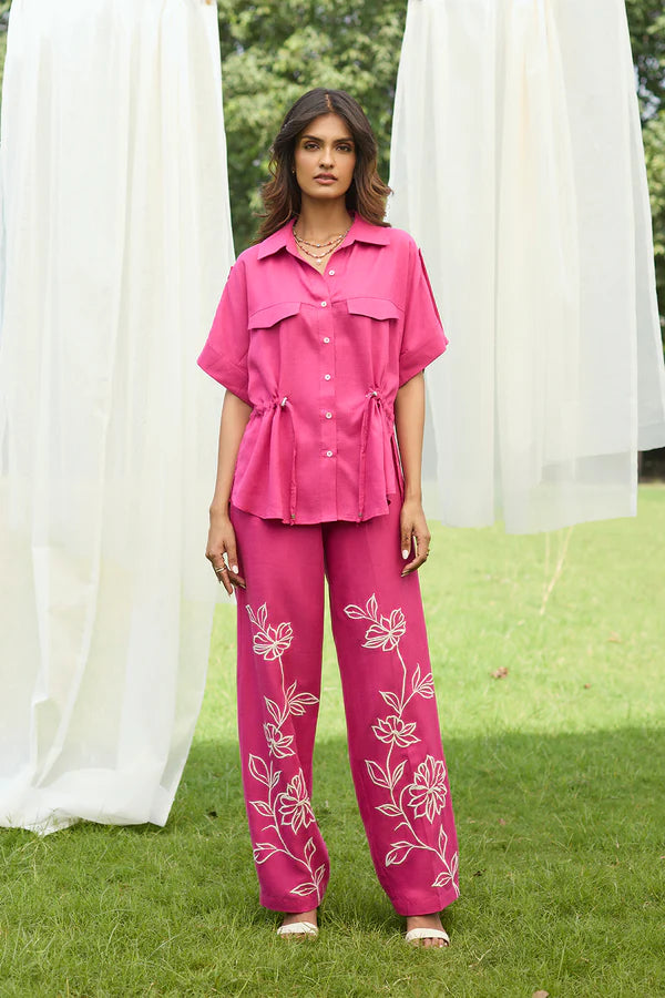 PINK FLORAL EMBROIDERED LINEN SET- II