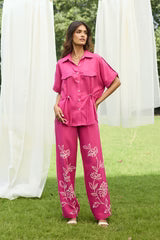 PINK FLORAL EMBROIDERED LINEN SET- II