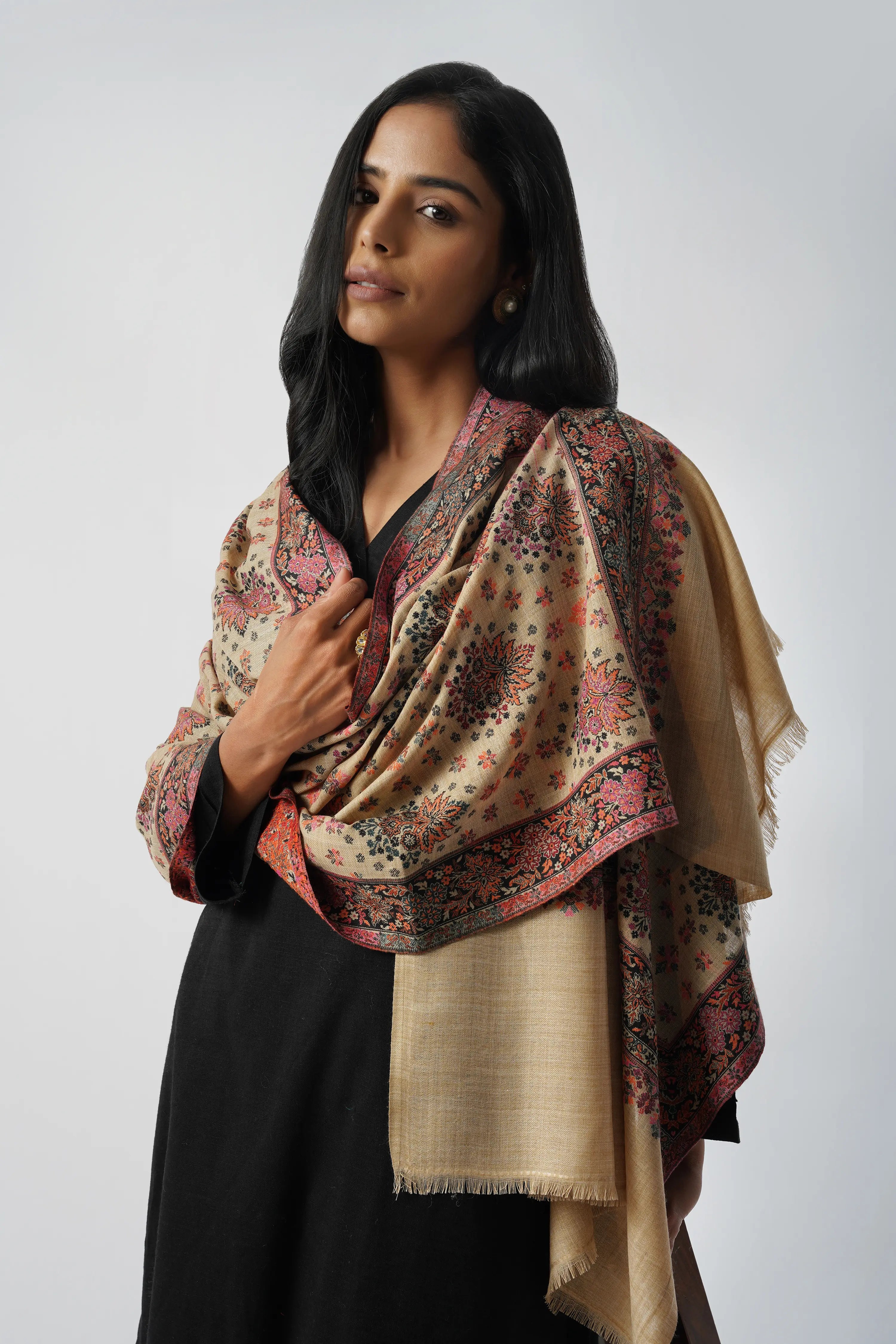 Rajasthani Boota Fine Wool Rich Kani Beige Pink Stole