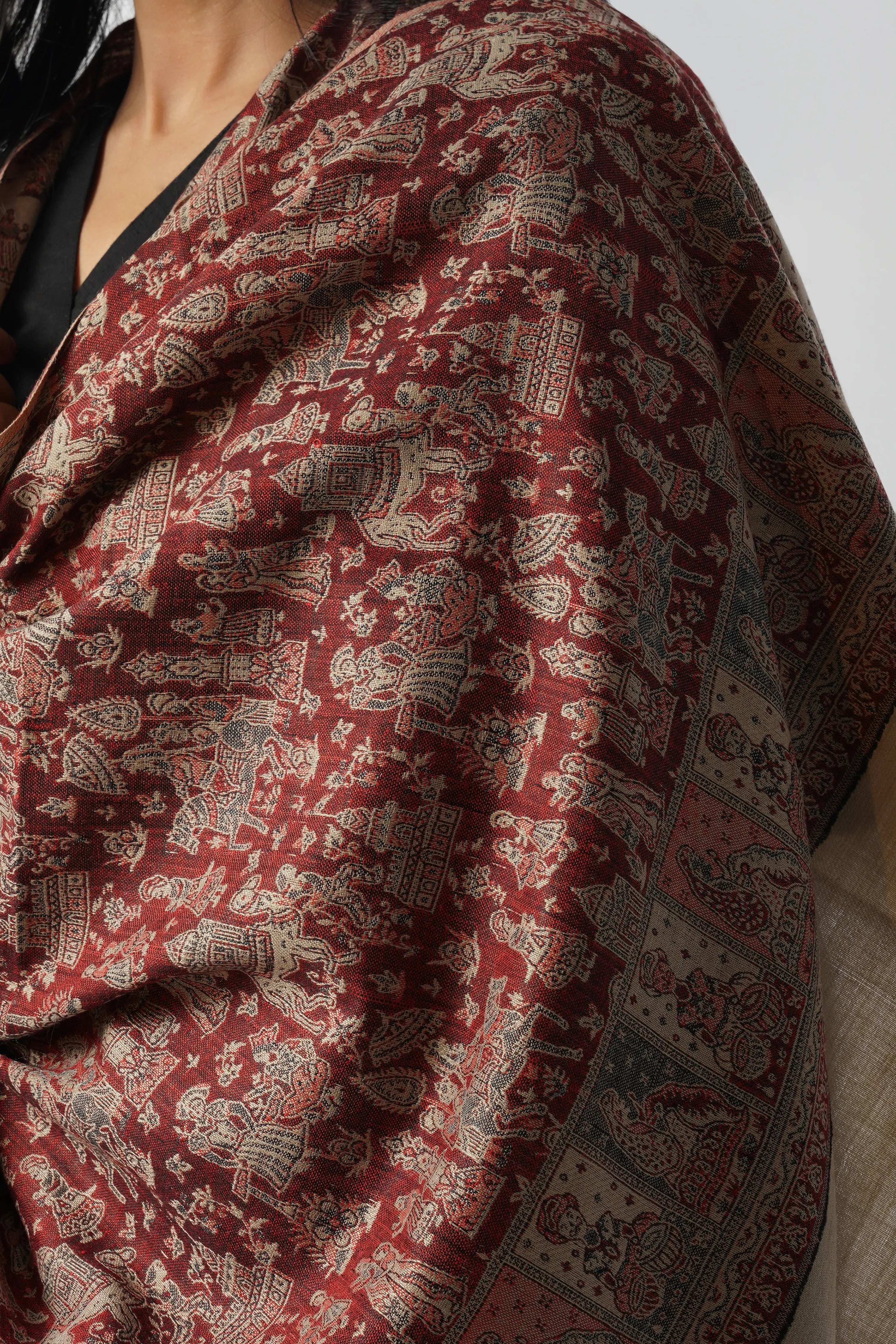 Mughal Story Woven Wool Blend Beige & Red Shawl