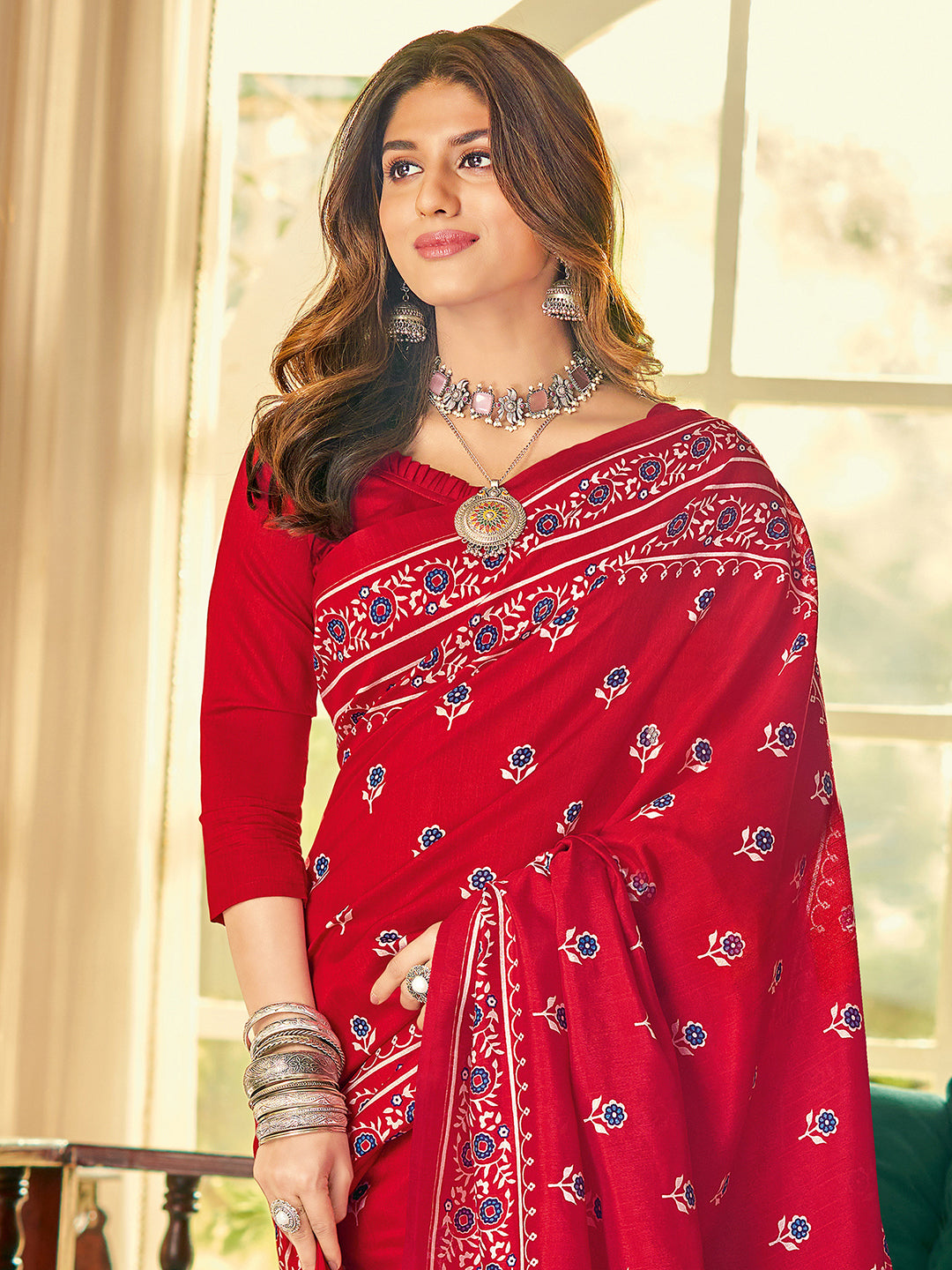 Bhagalpuri Silk Red Printed Designer Saree With Blouse