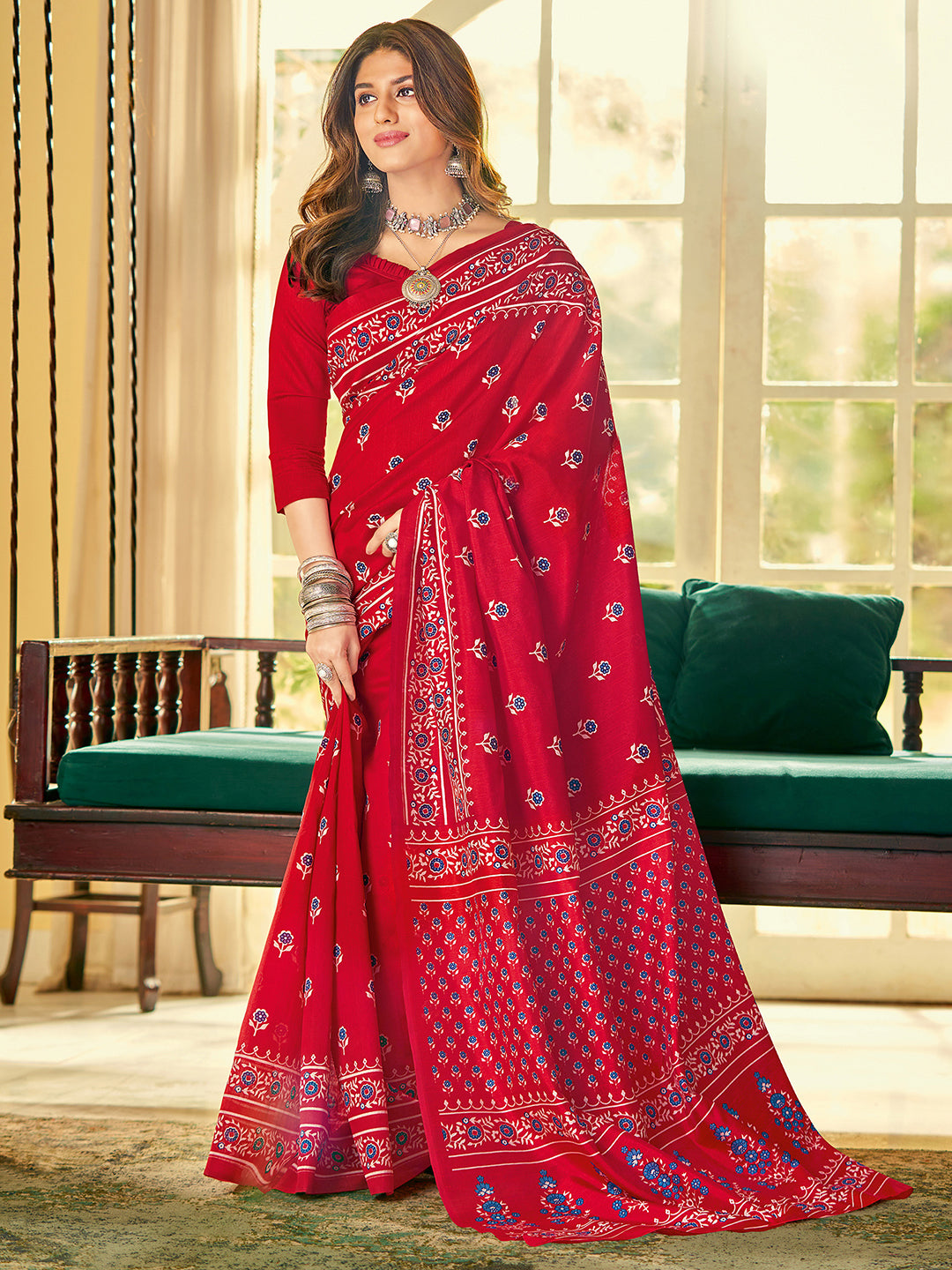 Bhagalpuri Silk Red Printed Designer Saree With Blouse