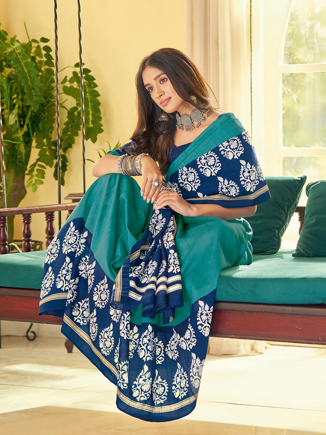 Bhagalpuri Silk Blue Printed Designer Saree With Blouse