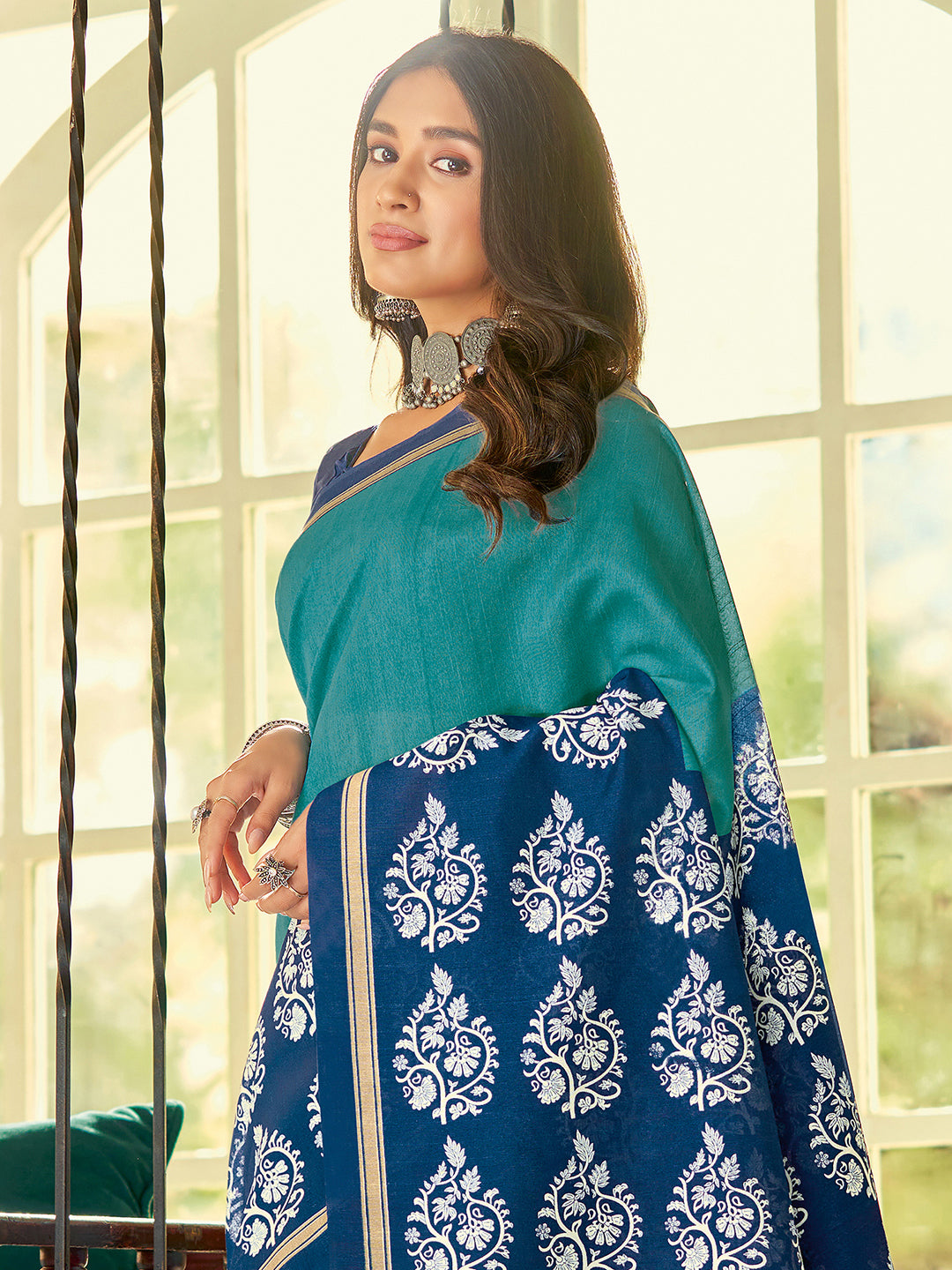 Bhagalpuri Silk Blue Printed Designer Saree With Blouse