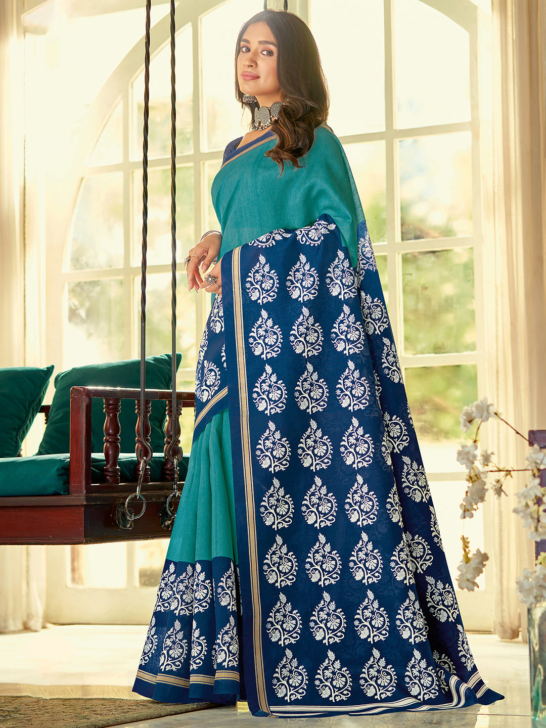 Bhagalpuri Silk Blue Printed Designer Saree With Blouse