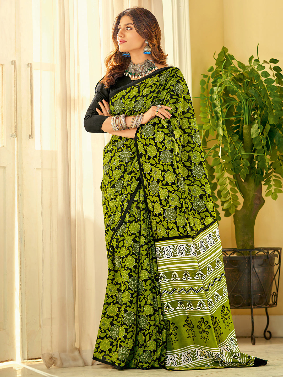 Bhagalpuri Silk Green Printed Designer Saree With Blouse