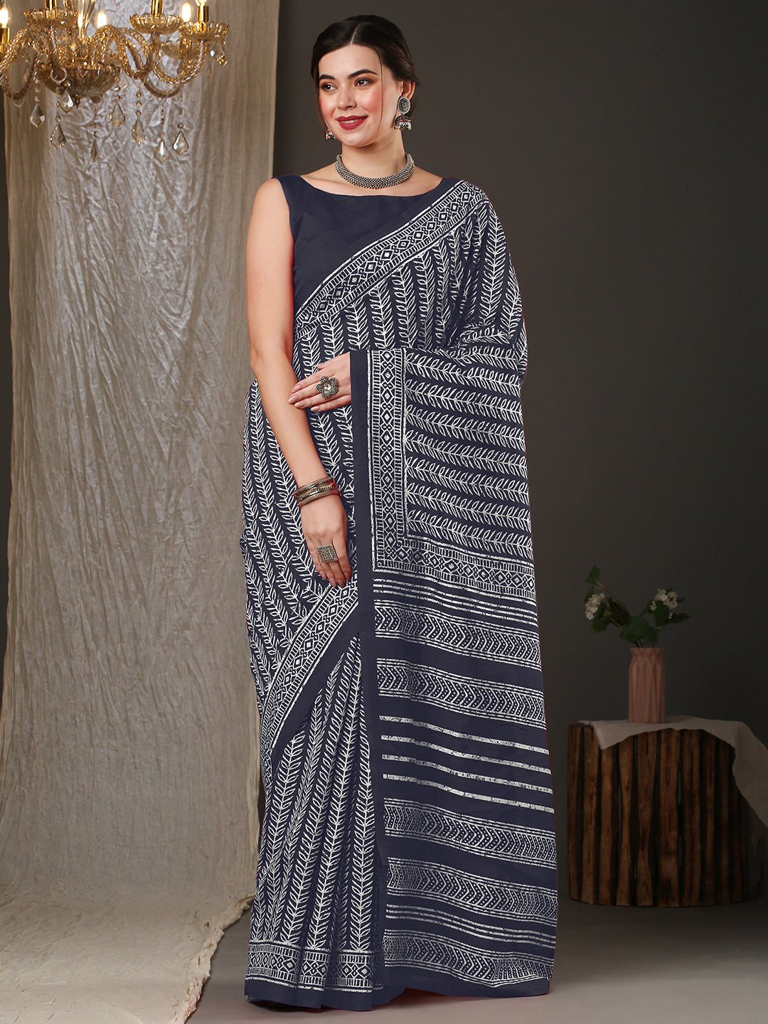 Bhagalpuri Silk Grey Printed Designer Saree With Blouse