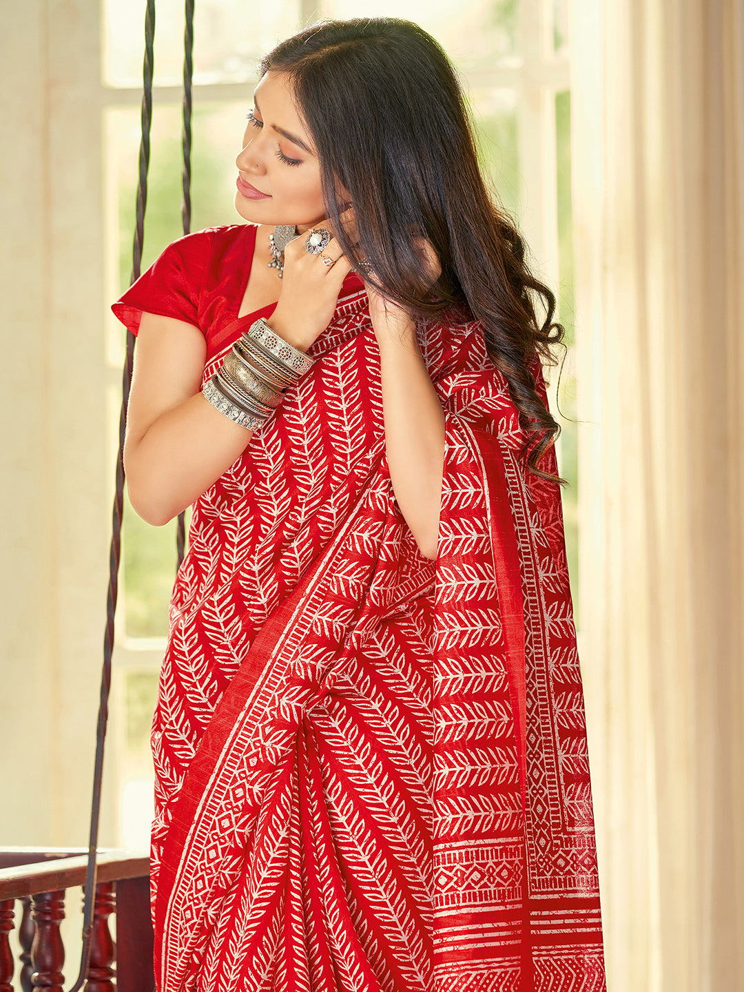 Bhagalpuri Silk Red Printed Designer Saree With Blouse