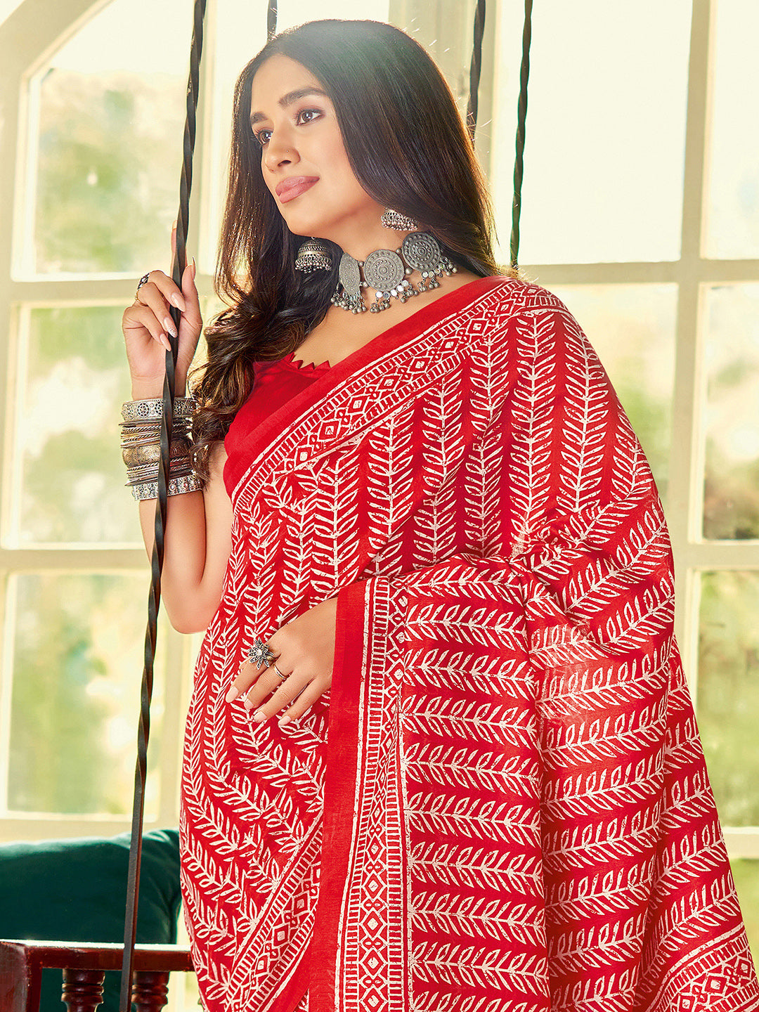 Bhagalpuri Silk Red Printed Designer Saree With Blouse