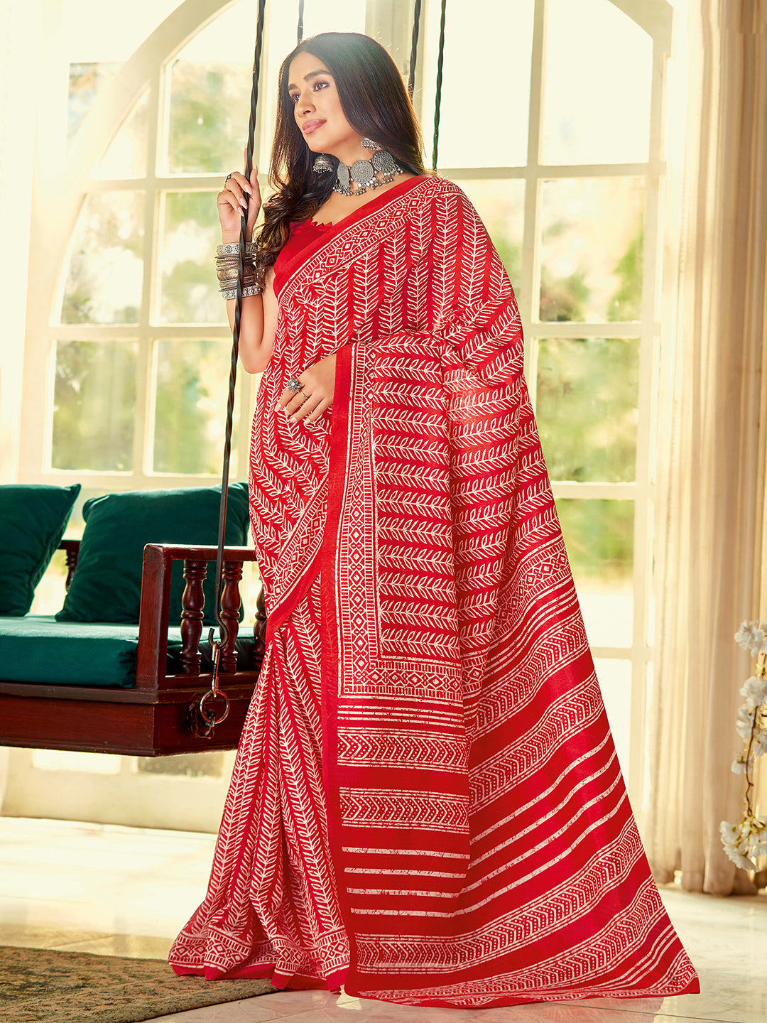 Bhagalpuri Silk Red Printed Designer Saree With Blouse