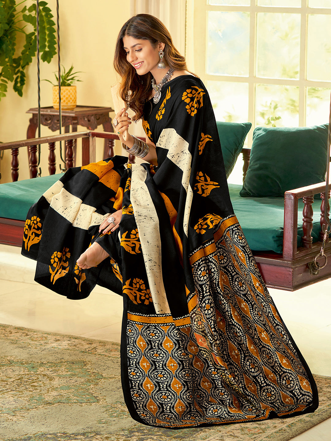 Bhagalpuri Silk Black Printed Designer Saree With Blouse