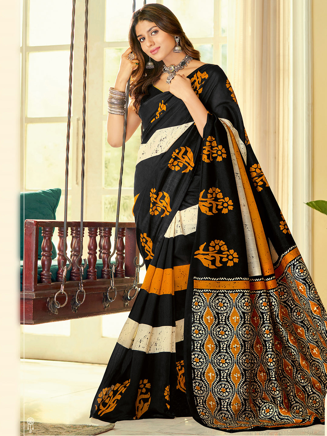 Bhagalpuri Silk Black Printed Designer Saree With Blouse