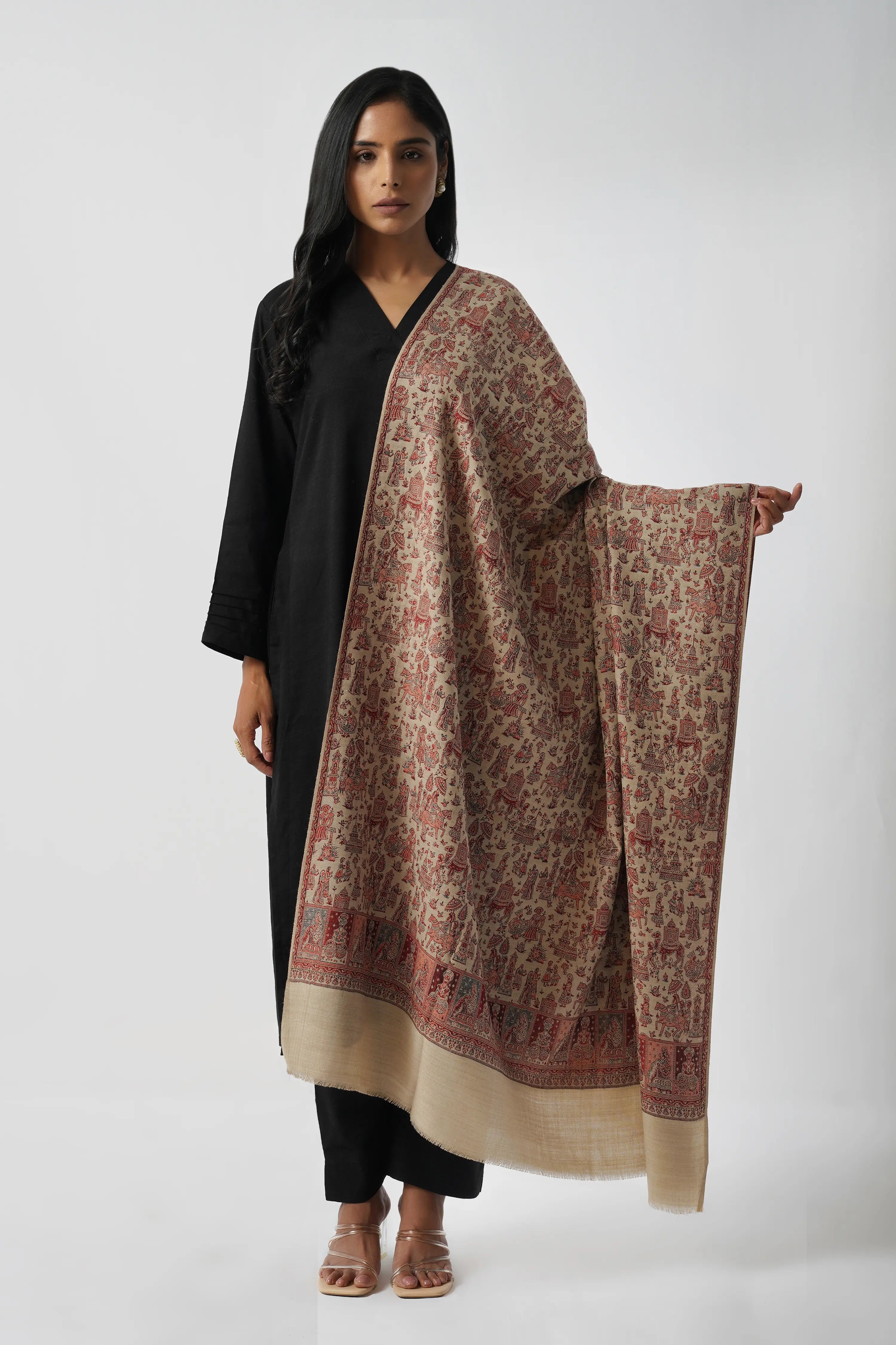 Mughal Story Woven Wool Blend Beige & Red Shawl