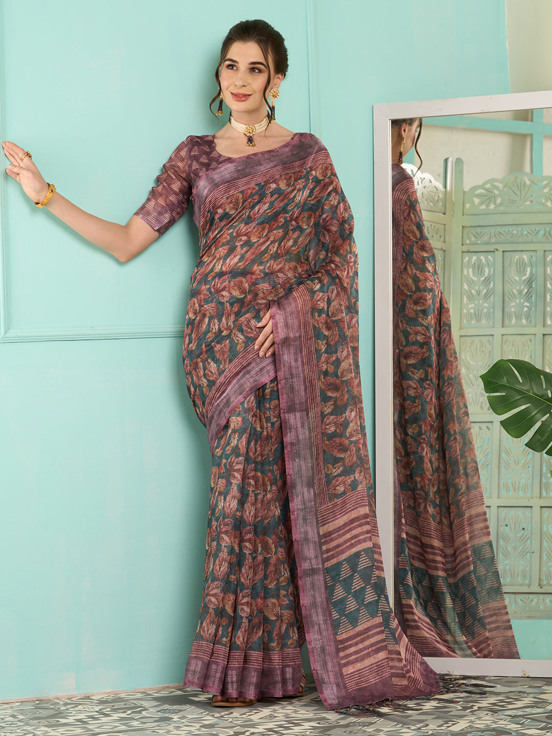 Linen Teal blue Digital Print Designer Saree With Blouse