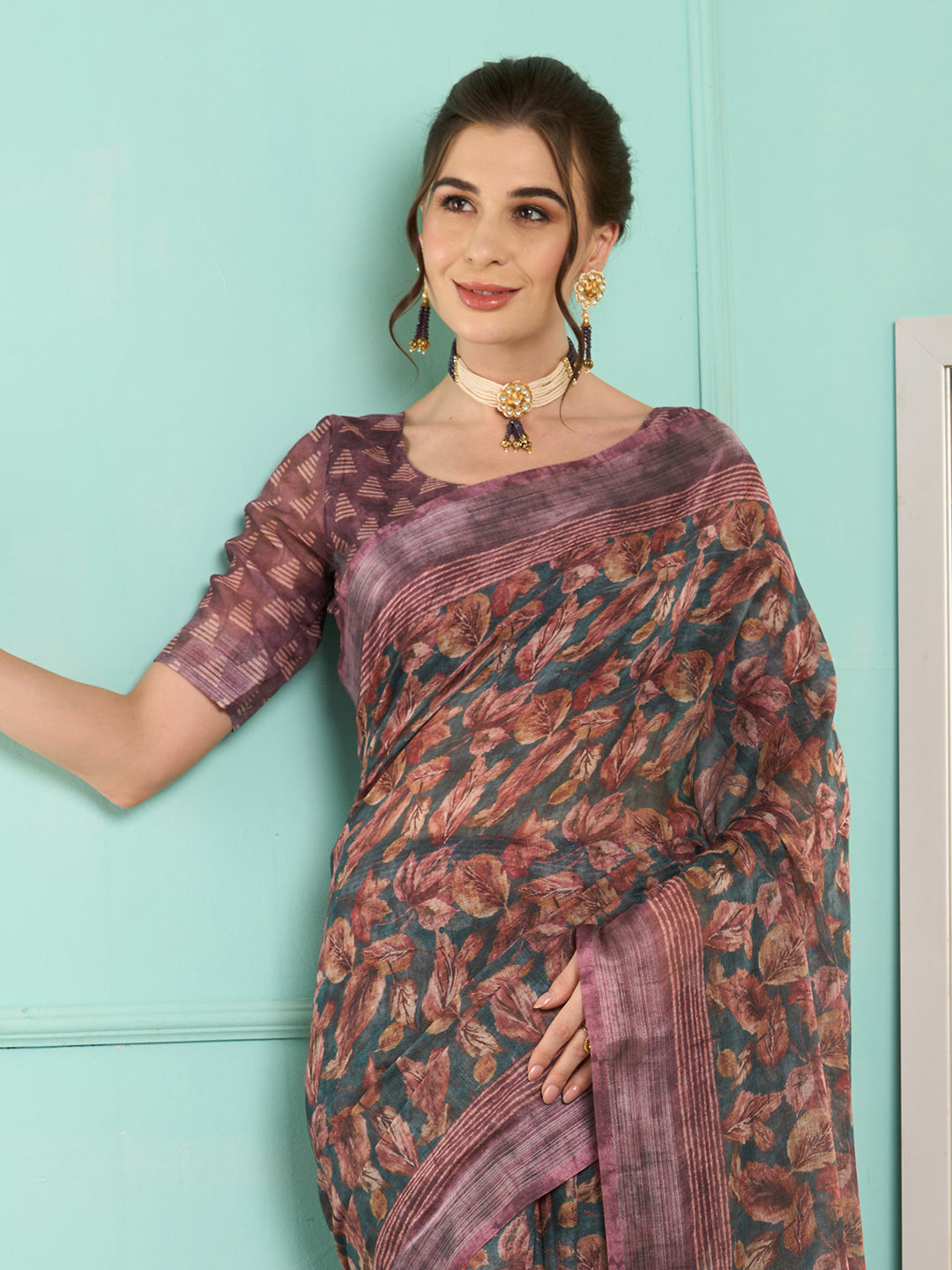 Linen Teal blue Digital Print Designer Saree With Blouse