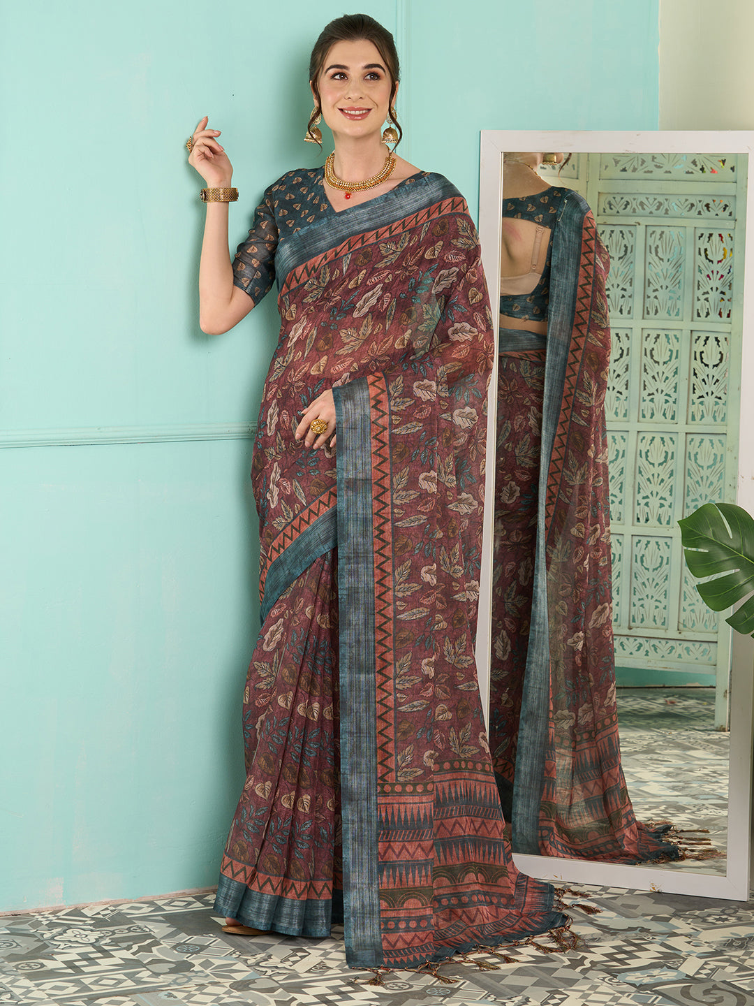 Linen Mauve Digital Print Designer Saree With Blouse