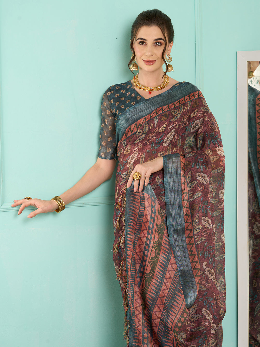 Linen Mauve Digital Print Designer Saree With Blouse