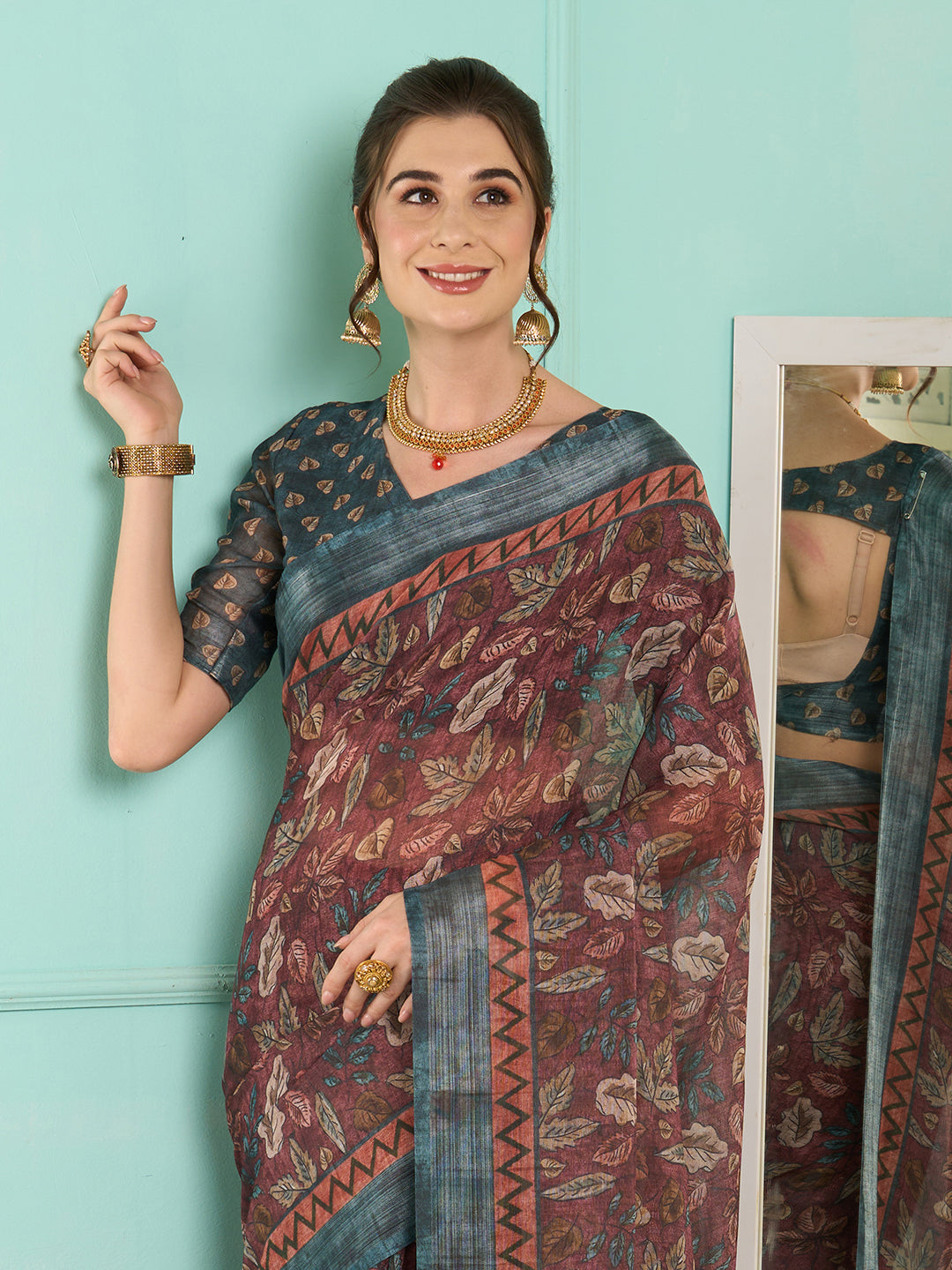 Linen Mauve Digital Print Designer Saree With Blouse