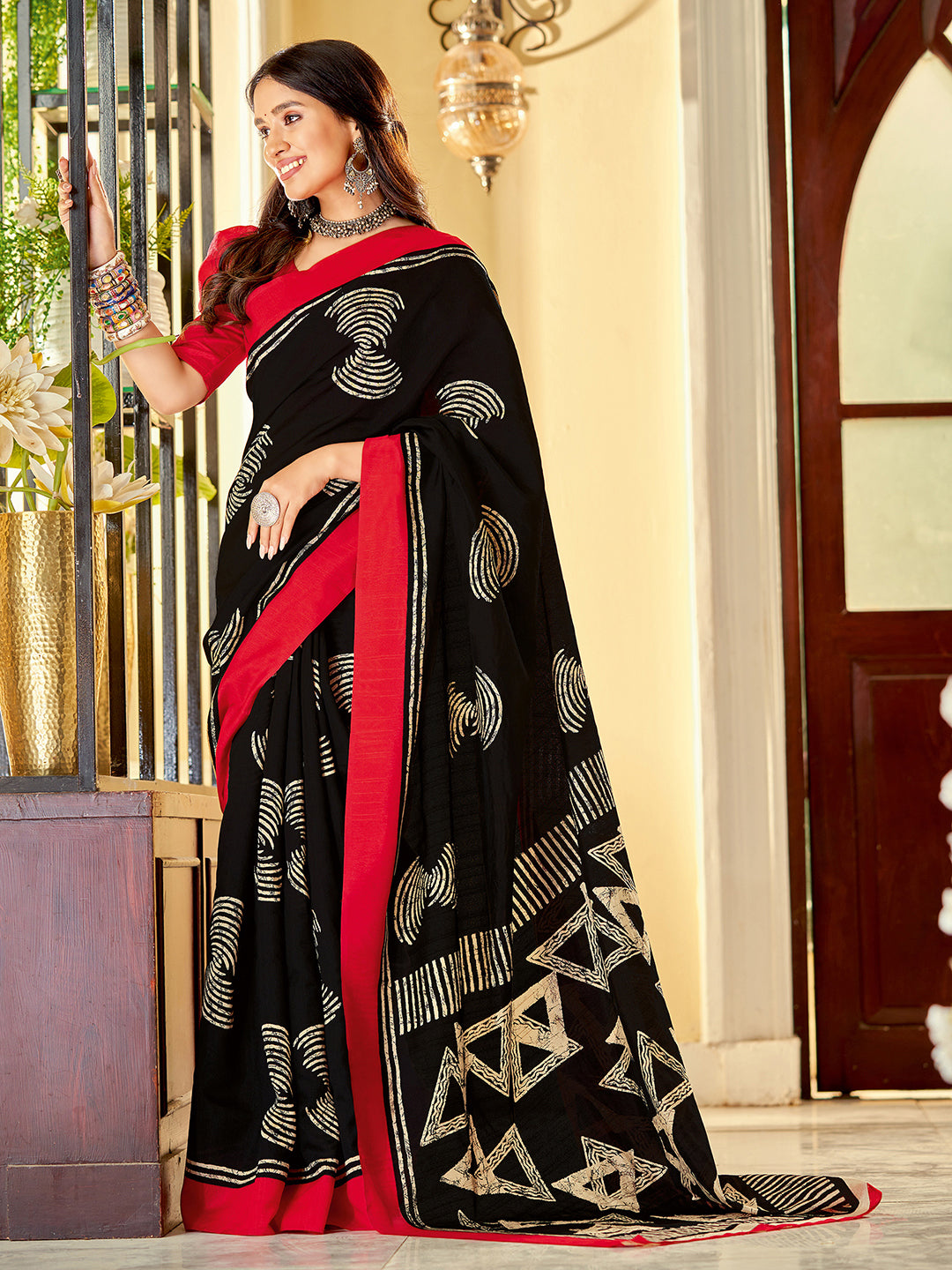 Bhagalpuri Silk Black Printed Designer Saree With Blouse