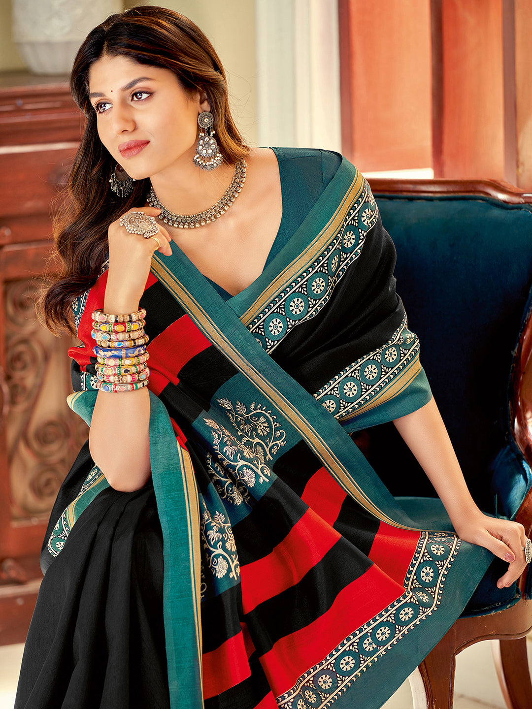 Bhagalpuri Silk Black Printed Designer Saree With Blouse