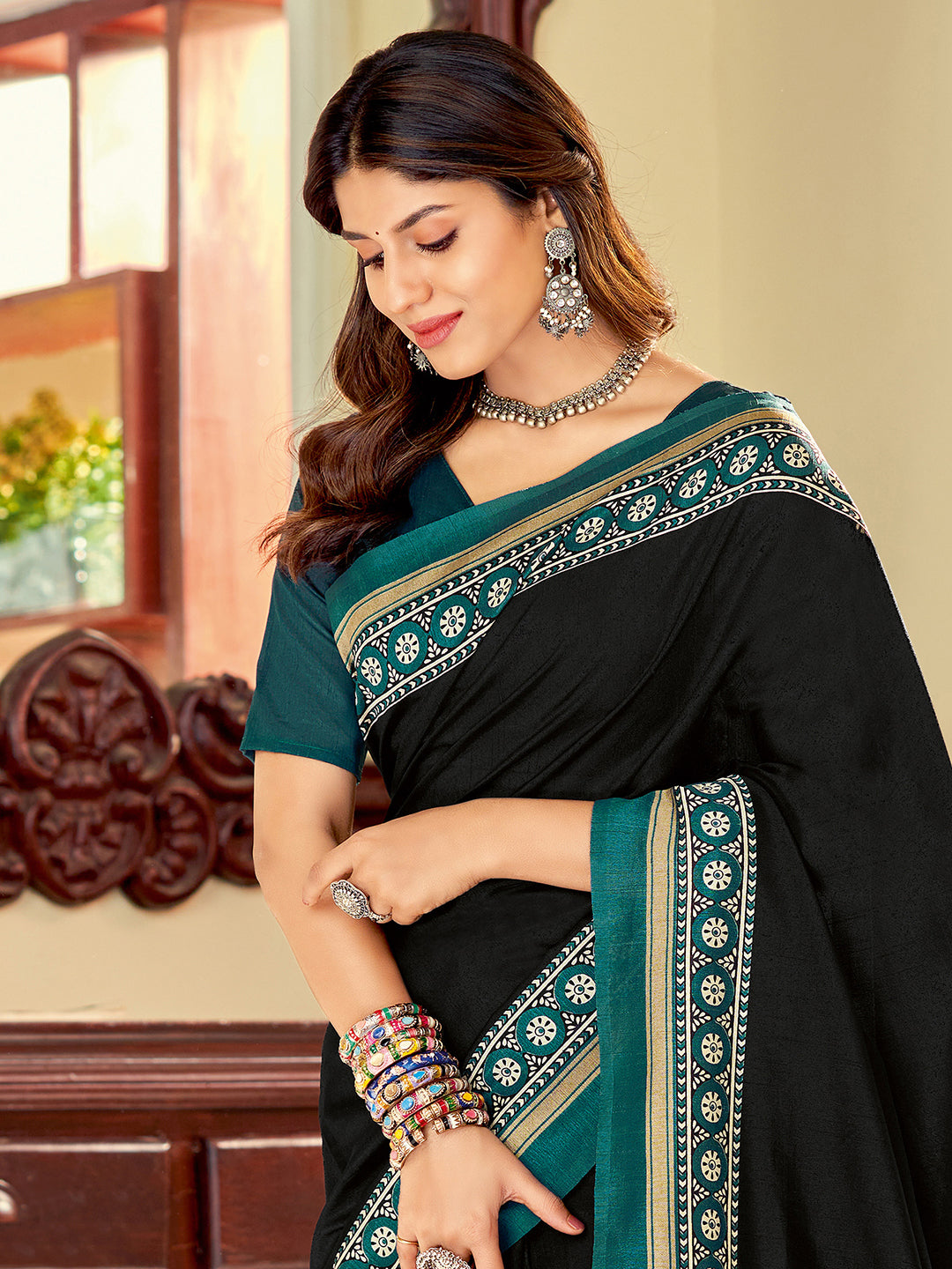 Bhagalpuri Silk Black Printed Designer Saree With Blouse