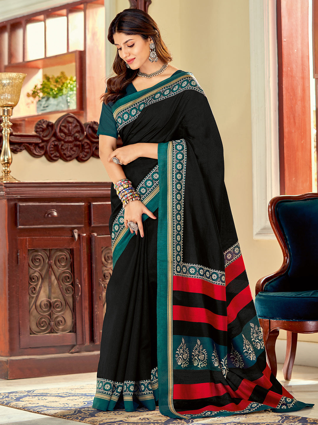 Bhagalpuri Silk Black Printed Designer Saree With Blouse