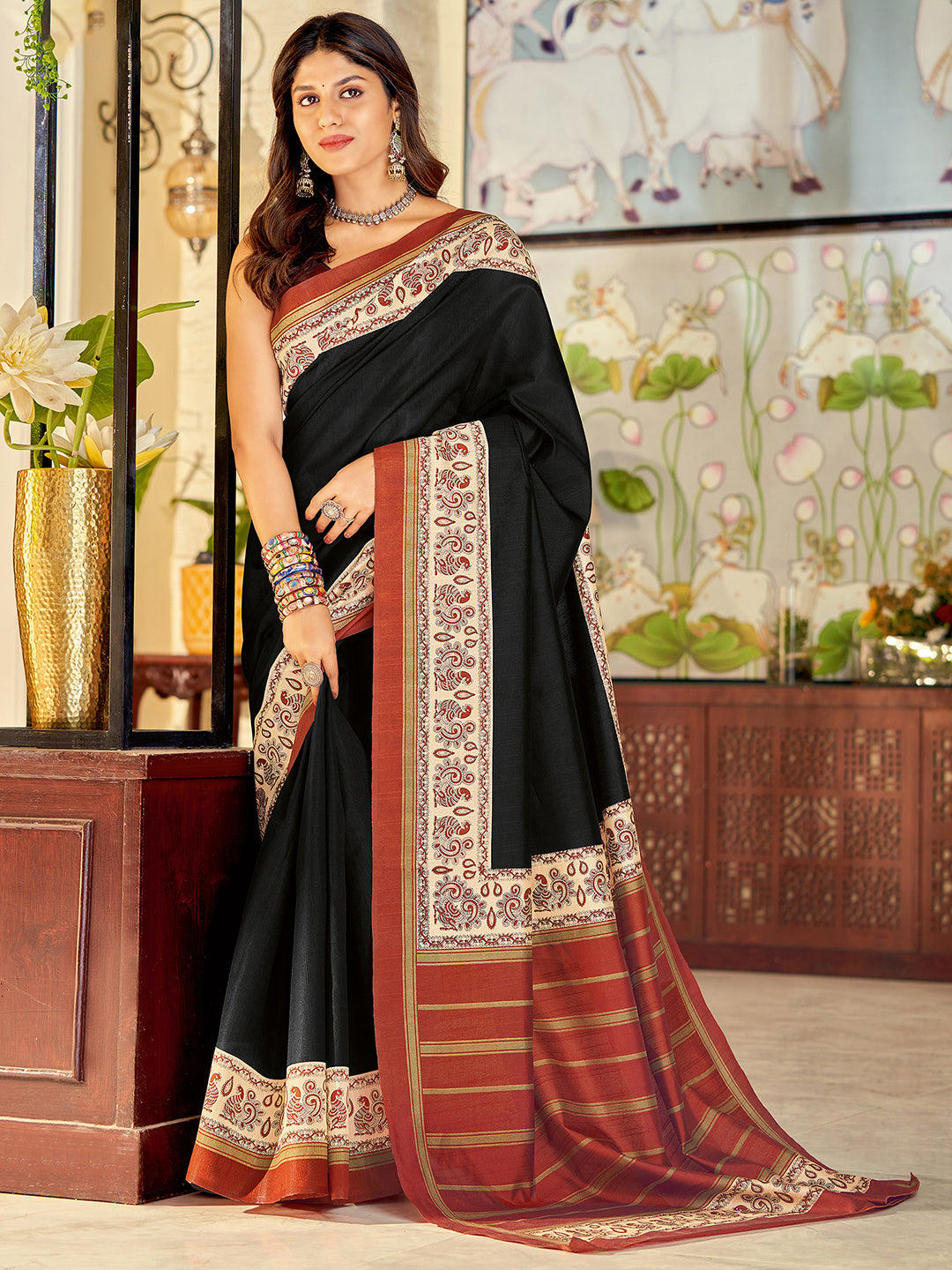 Bhagalpuri Silk Black Printed Designer Saree With Blouse