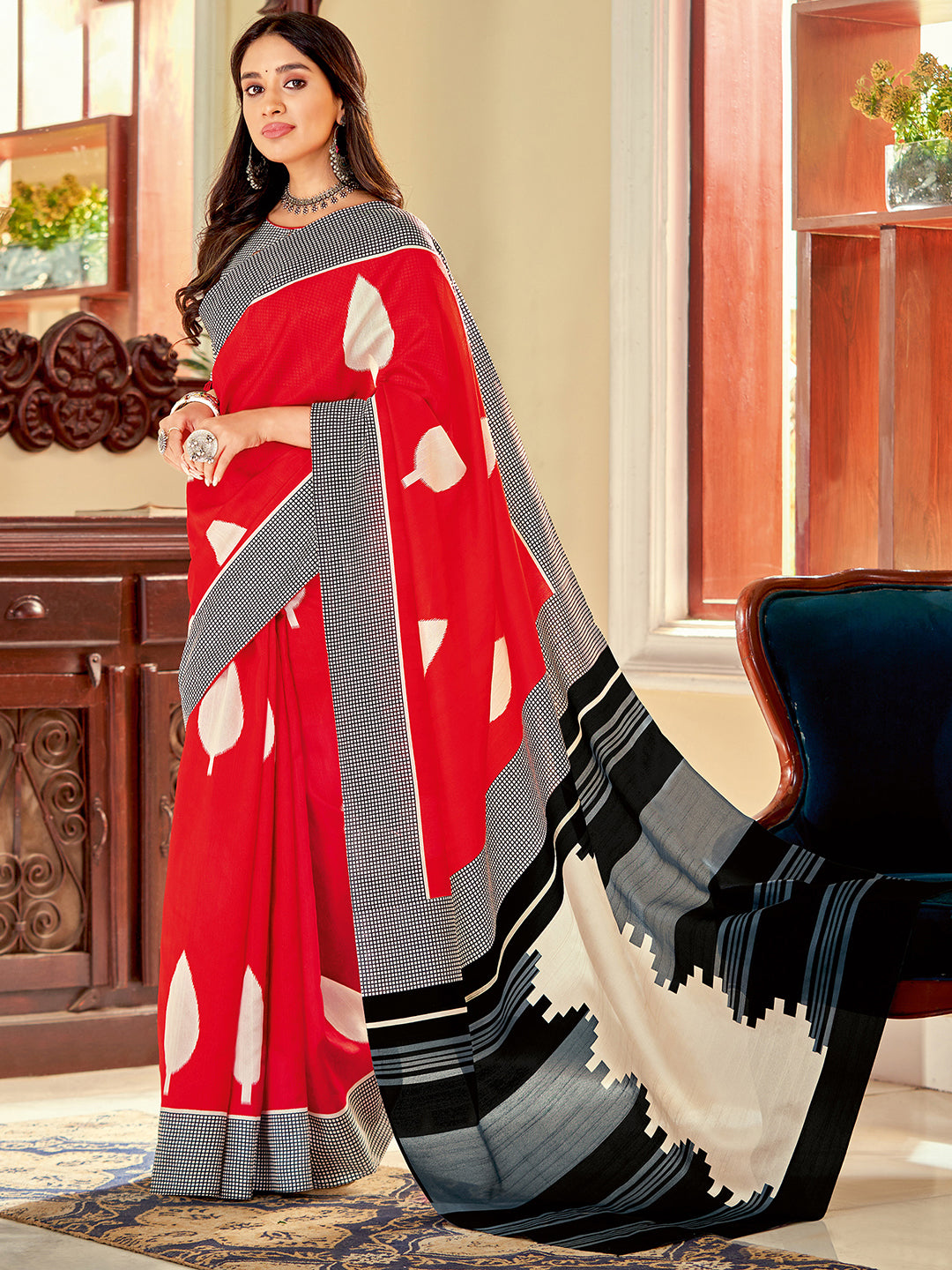 Bhagalpuri Silk Red Printed Designer Saree With Blouse