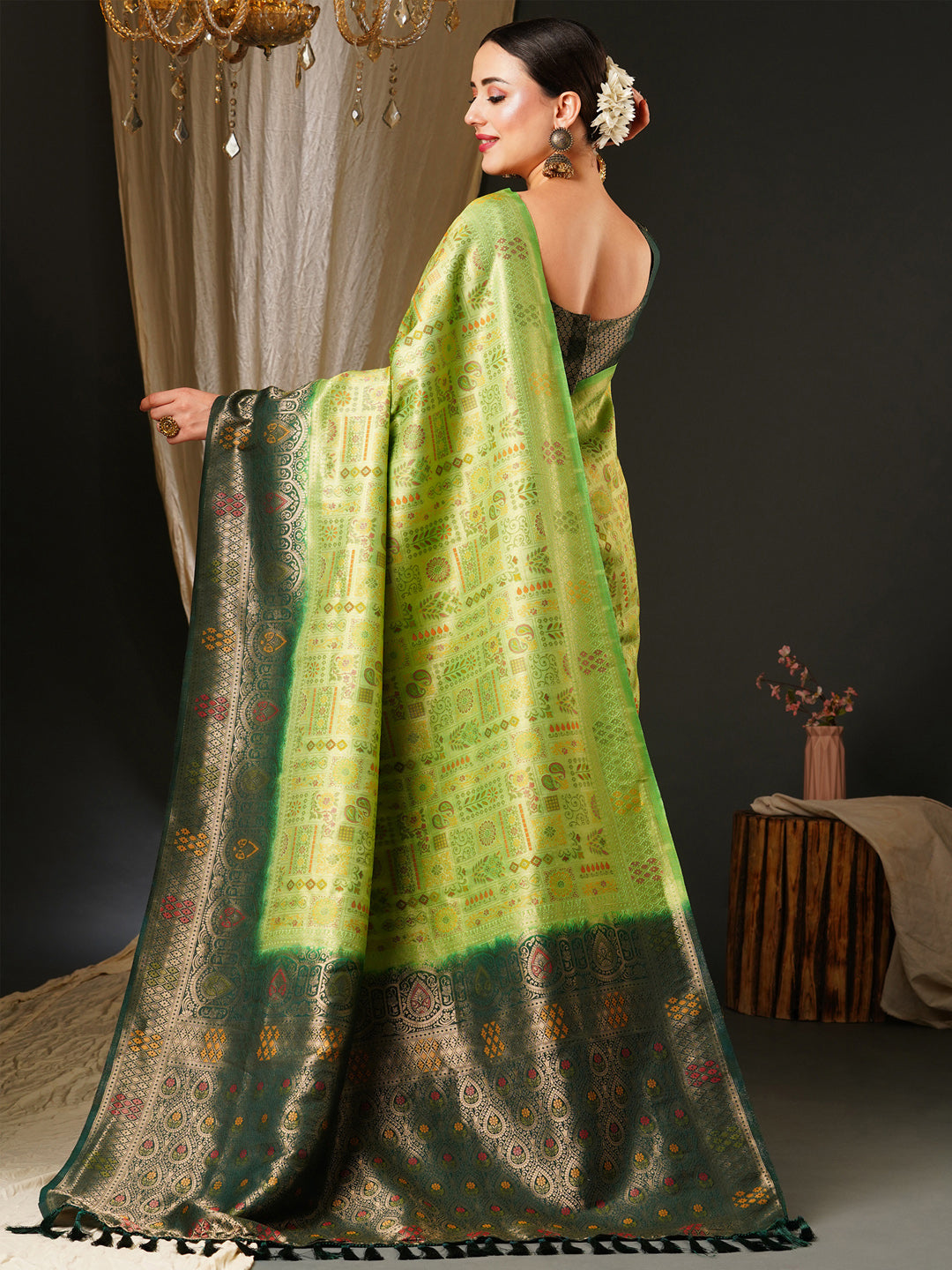 Kanjeevaram Silk Light Green Woven Design Celebrity Saree With Blouse