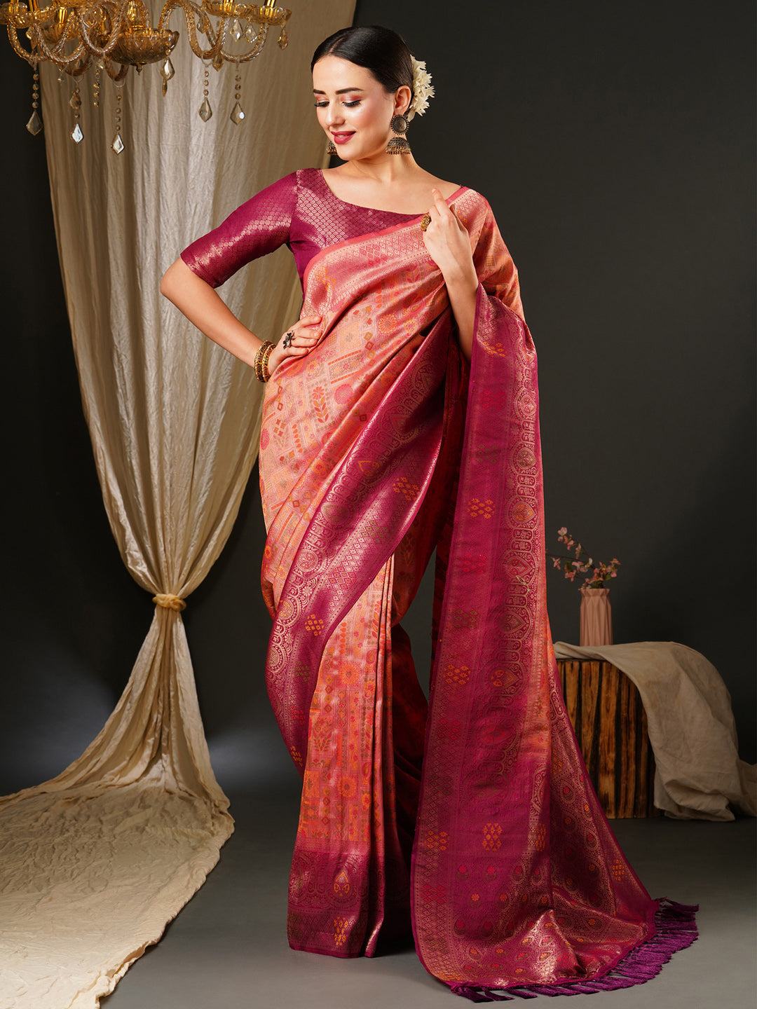 Kanjeevaram Silk Pink Woven Design Celebrity Saree With Blouse