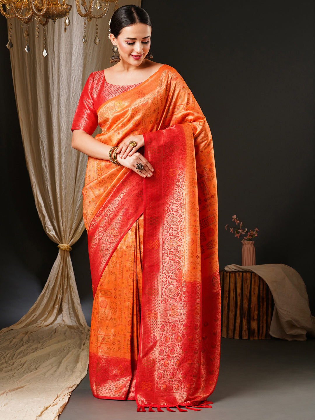 Kanjeevaram Silk Peach Woven Design Celebrity Saree With Blouse