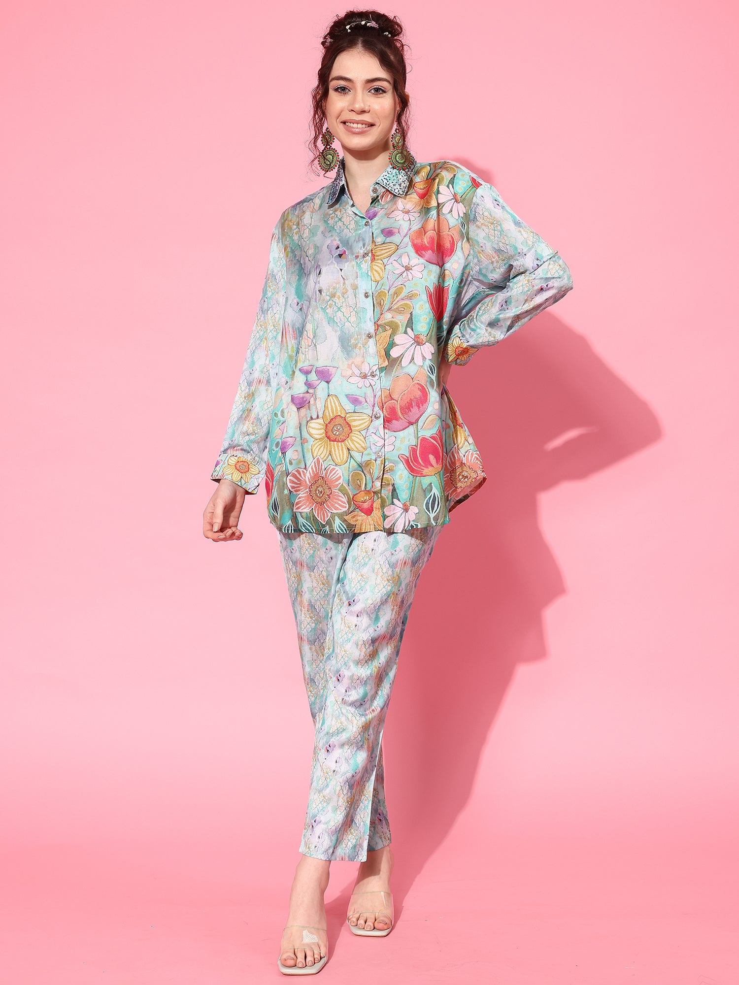 Women Printed Shirt with Trousers Co-Ords