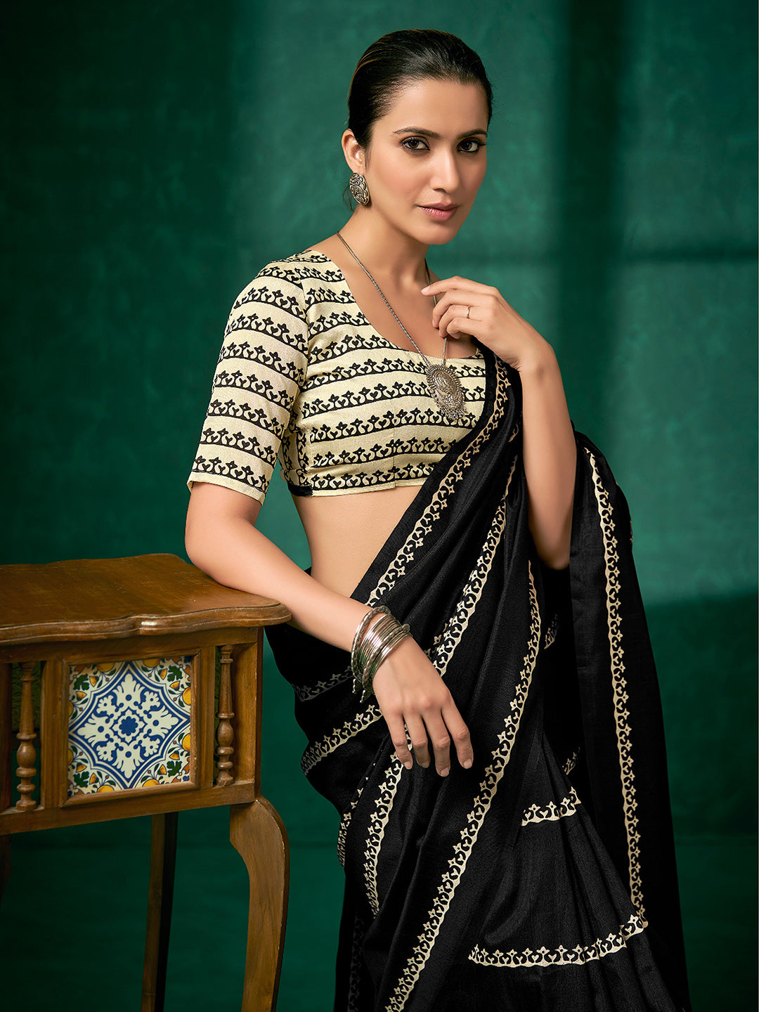 Bhagalpuri Silk Black Printed Designer Saree With Blouse