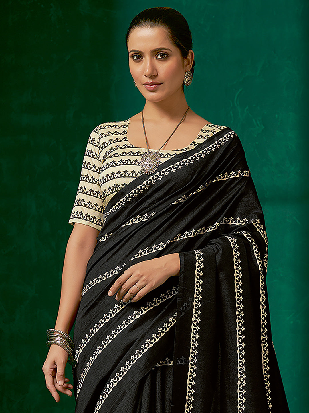 Bhagalpuri Silk Black Printed Designer Saree With Blouse