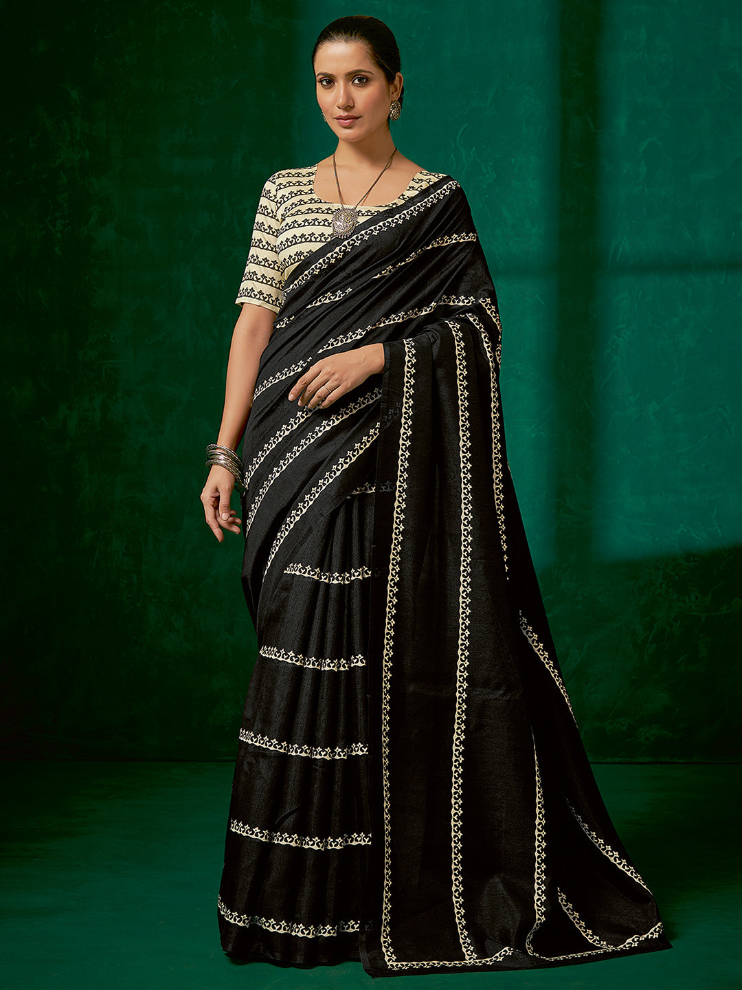 Bhagalpuri Silk Black Printed Designer Saree With Blouse