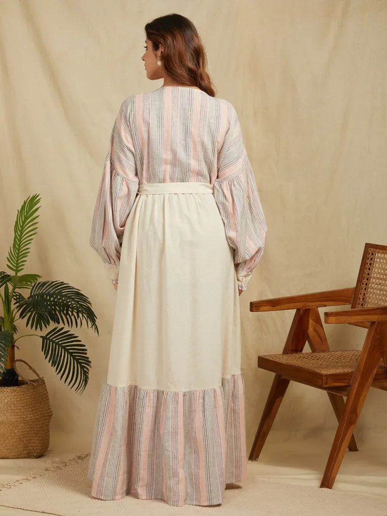 Ivory Striped Cotton Linen Dress with Belt