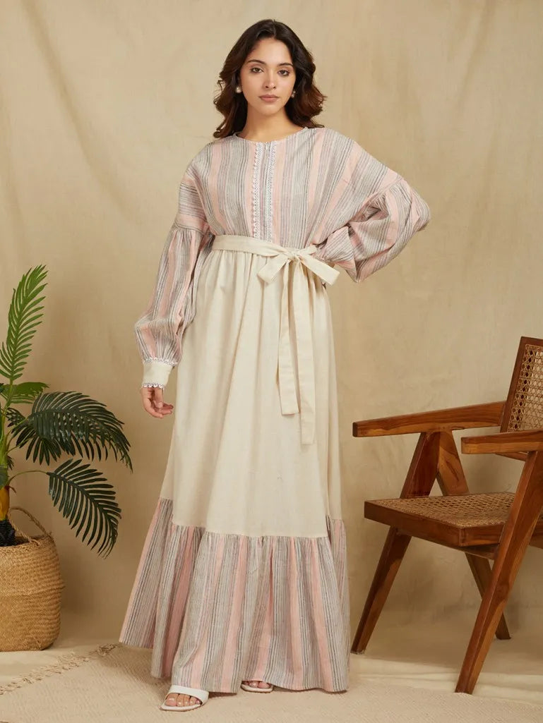 Ivory Striped Cotton Linen Dress with Belt