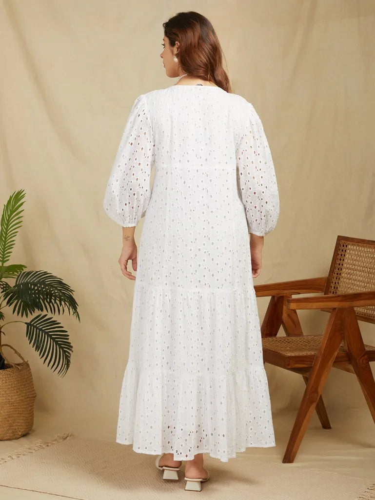 White Embroidered Cotton Modest Dress