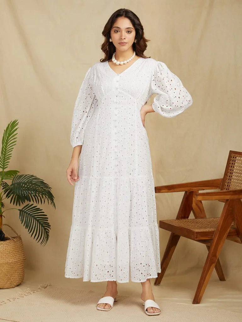 White Embroidered Cotton Modest Dress