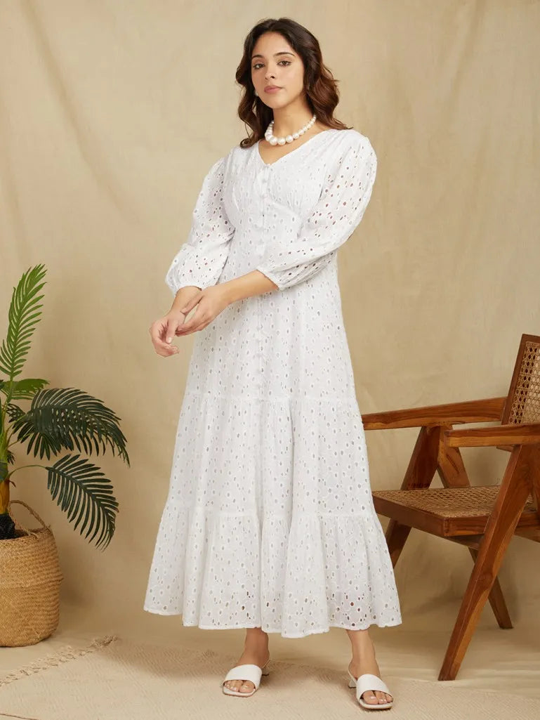 White Embroidered Cotton Modest Dress