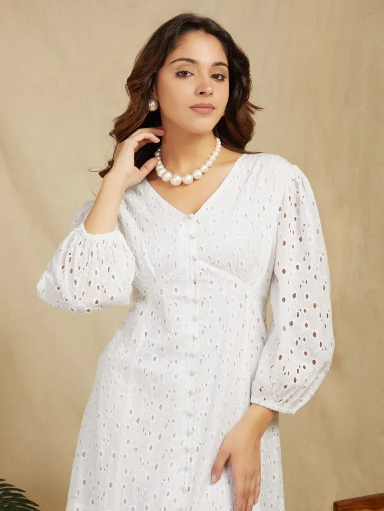 White Embroidered Cotton Modest Dress